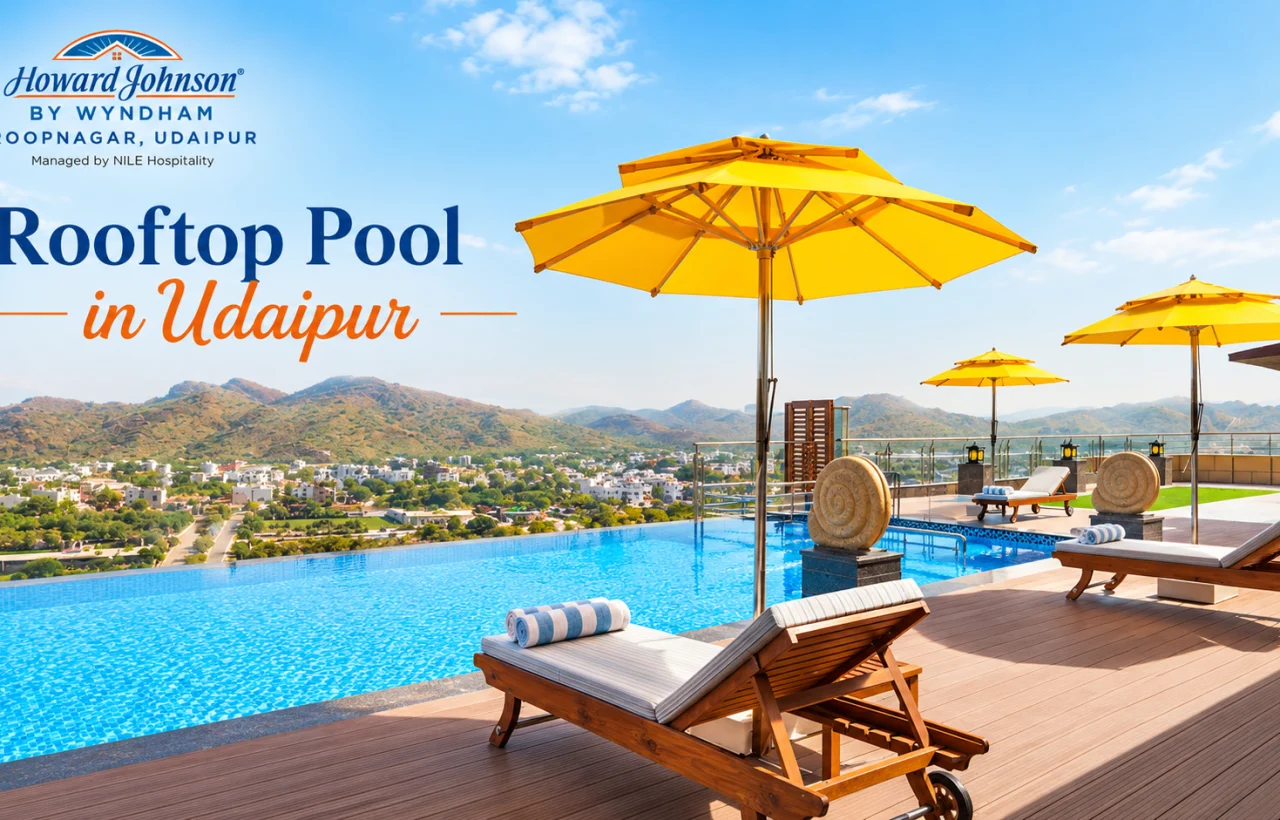 Rooftop pool in Udaipur with comfortable seating and scenic views