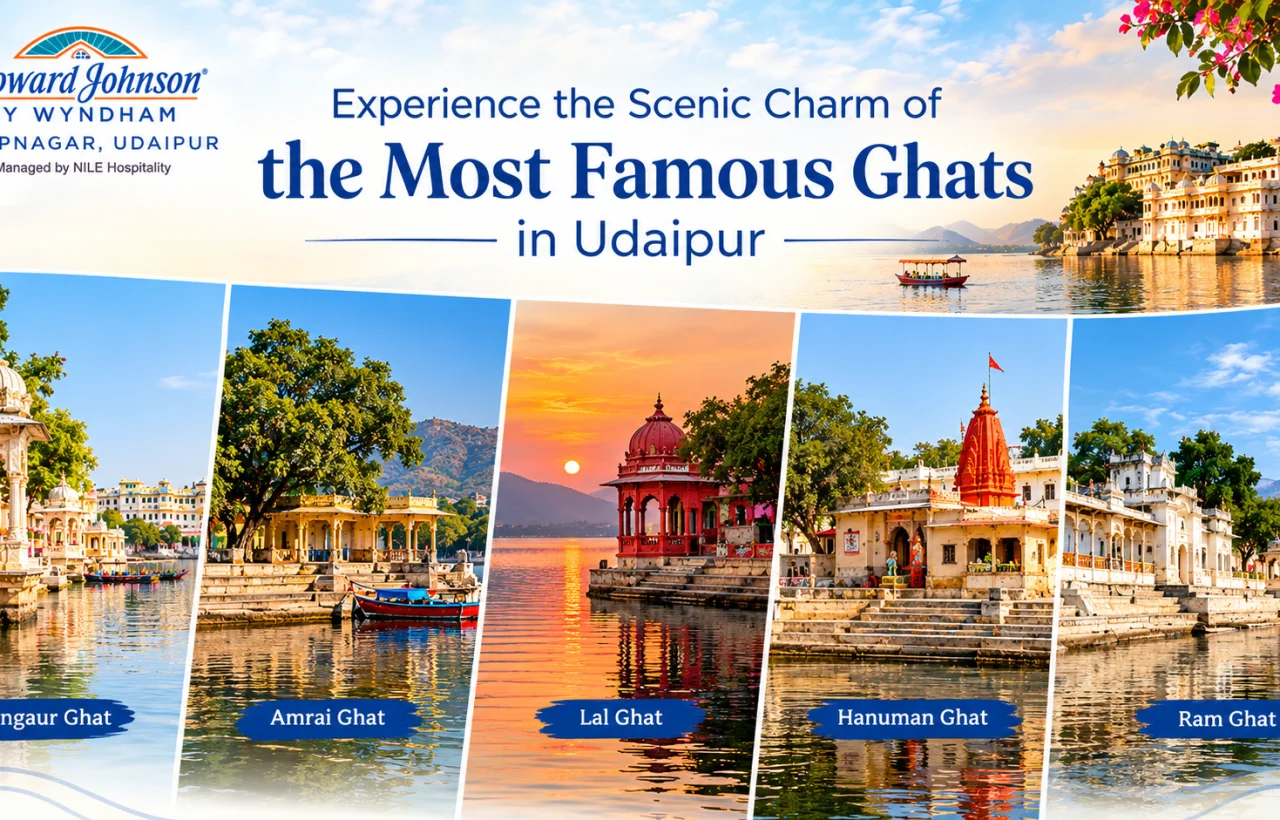 Famous ghats in Udaipur including Gangaur Ghat, Ambrai Ghat and Ram Ghat with scenic Lake Pichola views